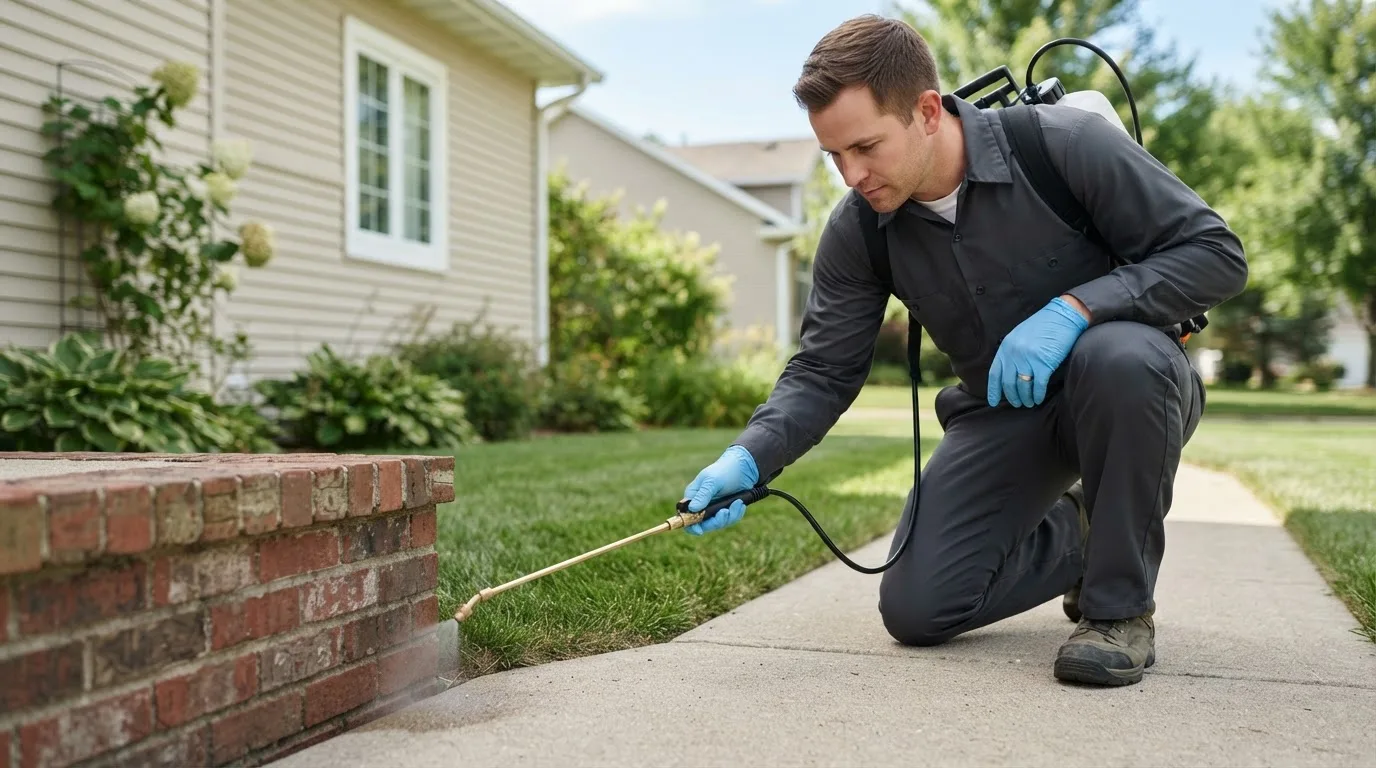 Pest control technician treating a home near Greeley, KS
