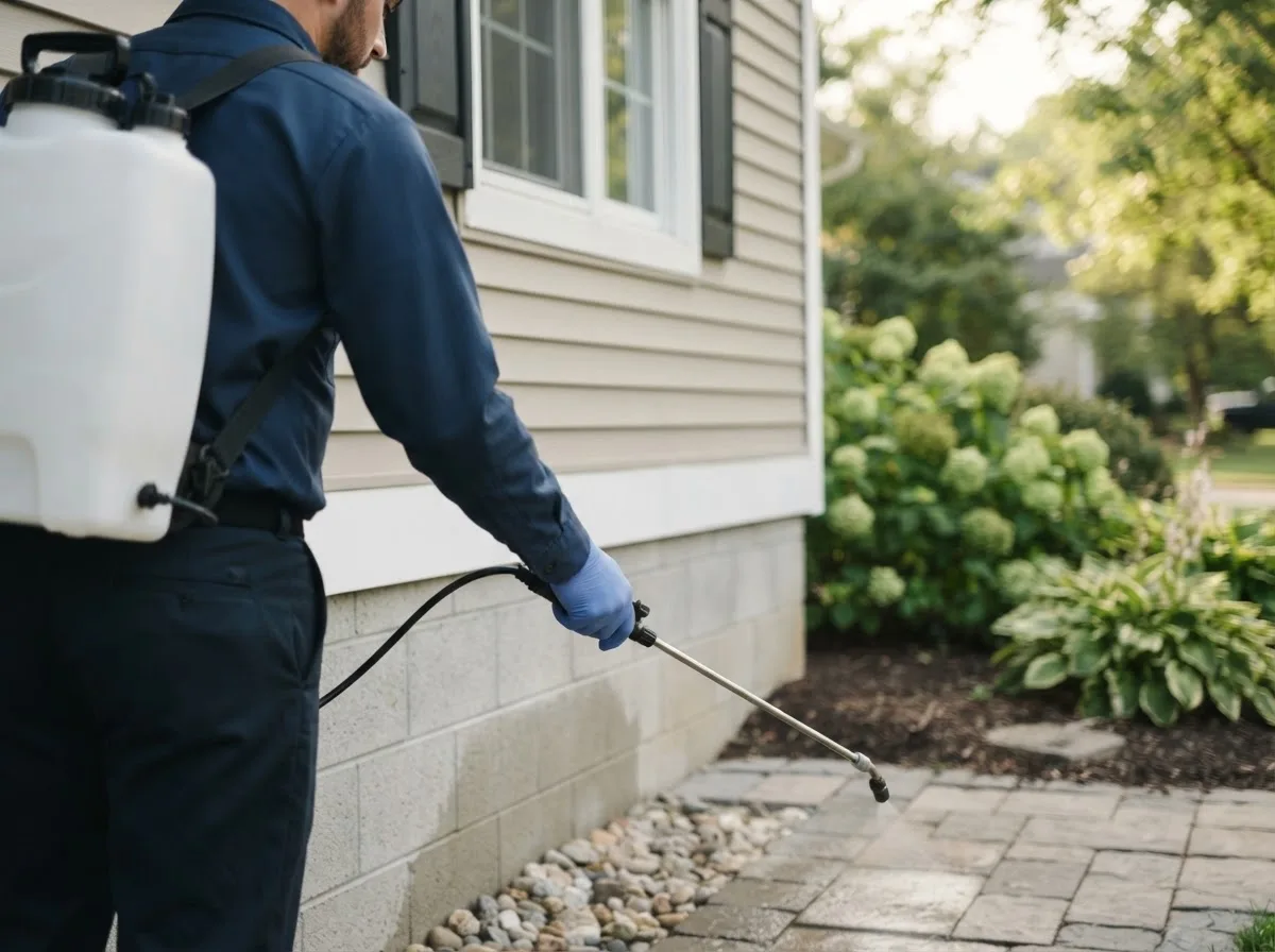 Pest control technician inspecting a home in Greeley, KS